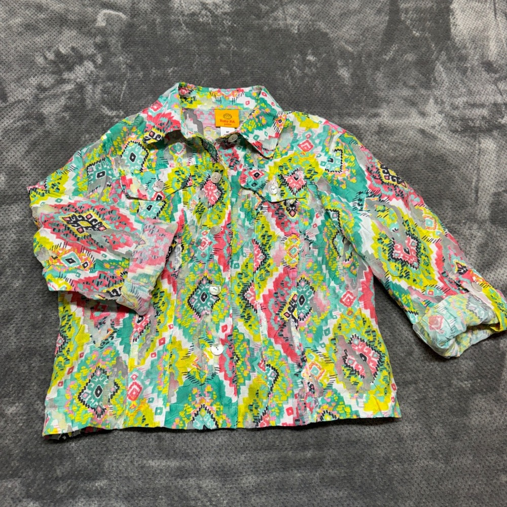 Ruby Rd Petite Tribal Geometric Print Button Front Jacket Multi Color Size 8P